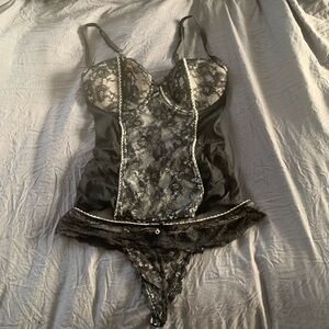 Black Lace Bustier Chemise with Matching Lace Thong